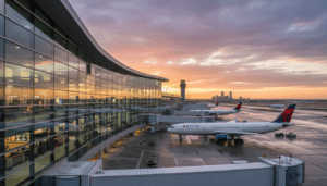 A view of the Detroit Metropolitan Airport security and terminal area showing modern aviation infrastructure.