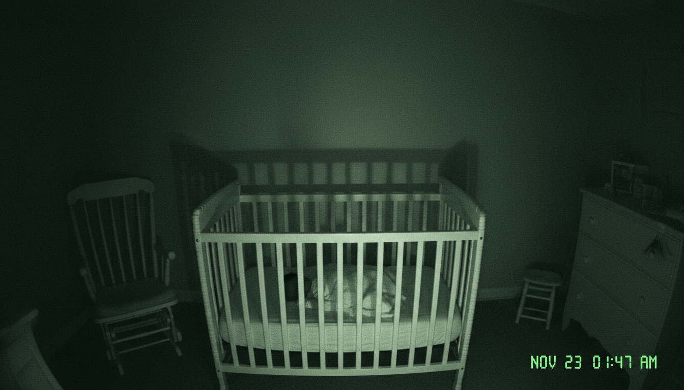 Night vision view of a nursery baby monitor showing a shadow moving near a crib
