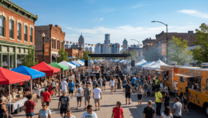 Crowds enjoying a Detroit festival in a local neighborhood with food vendors and live music.