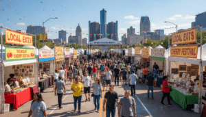 A vibrant Detroit festival crowd enjoying local food and Michigan culture in a busy neighborhood street.