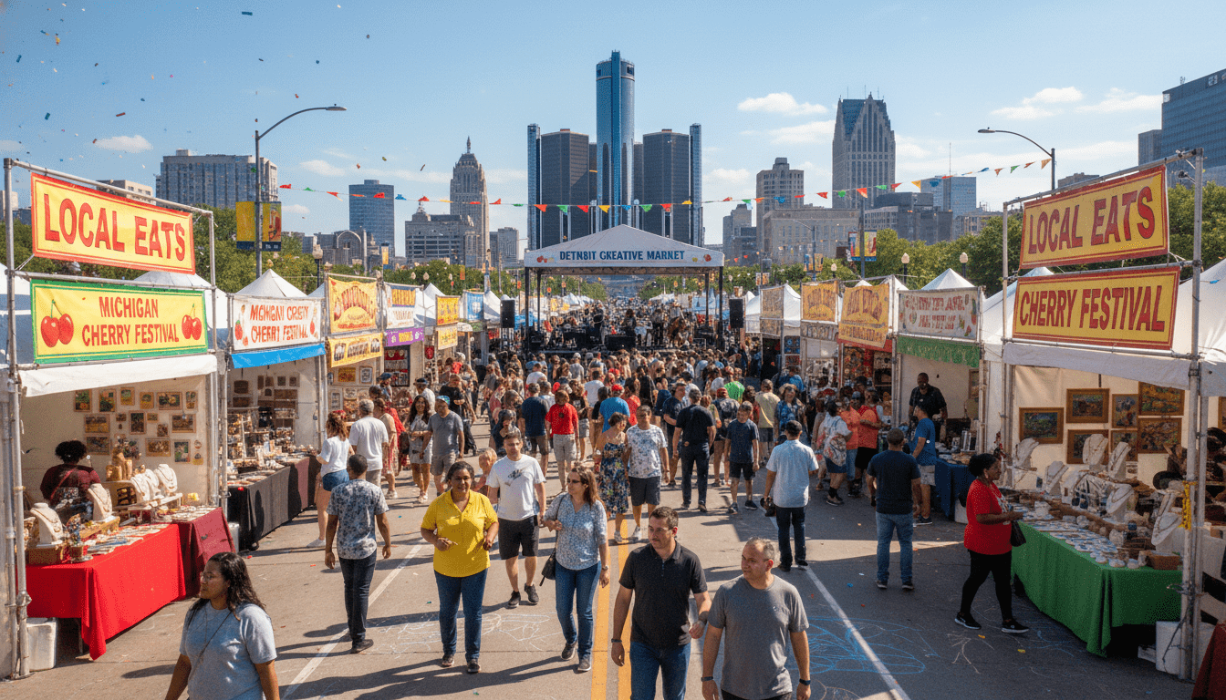 A vibrant Detroit festival crowd enjoying local food and Michigan culture in a busy neighborhood street.