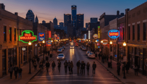 A vibrant street scene showing the active Detroit nightlife and entertainment district at night.