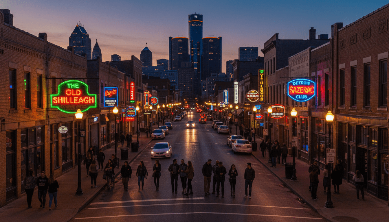 A vibrant street scene showing the active Detroit nightlife and entertainment district at night.