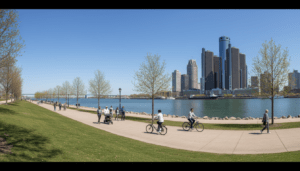 A scenic view of Detroit outdoor activities along the Detroit Riverfront during a spring day.