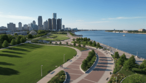 A scenic view of Detroit green spaces along the renovated Detroit Riverwalk.