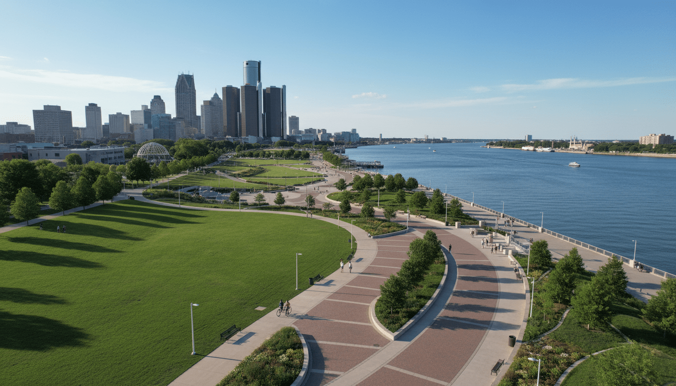 A scenic view of Detroit green spaces along the renovated Detroit Riverwalk.