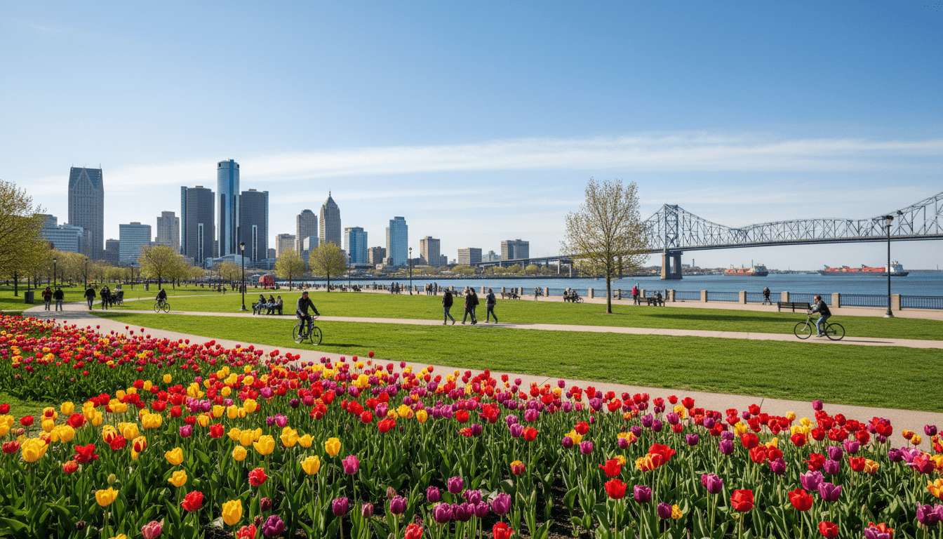 A beautiful view of Detroit parks along the riverfront during spring.