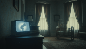 Close up of a baby monitor in a dark room displaying a grainy image of a shadow
