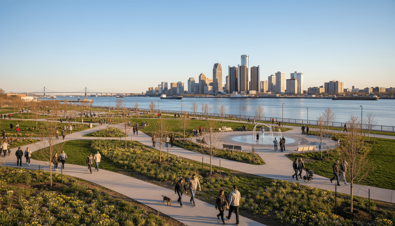 A scenic view of the Detroit riverfront preparing for Detroit spring events 2026.