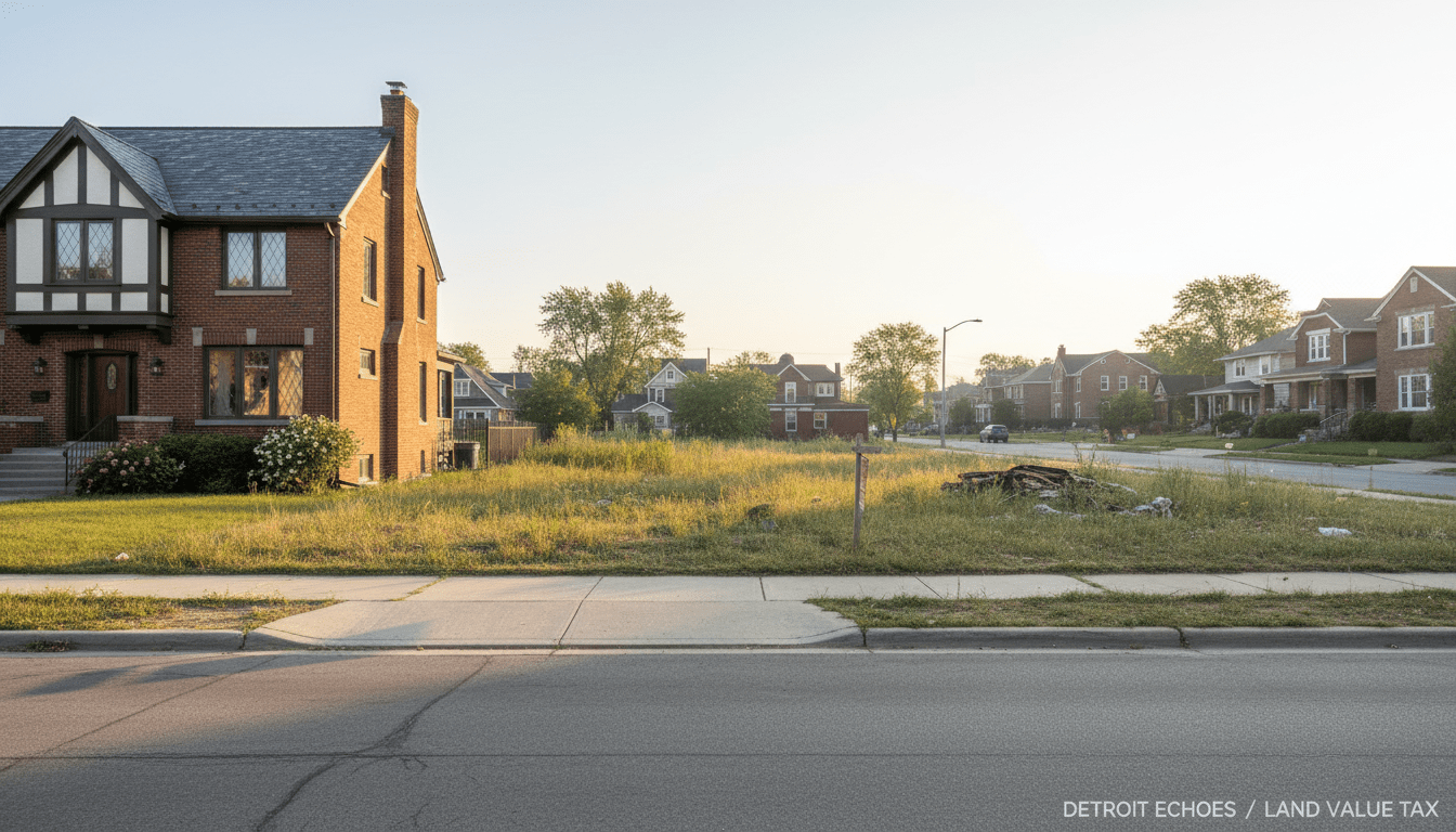 A residential street in a Detroit neighborhood illustrating the targets of Detroit property tax reform.