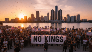 A large crowd gathering for No Kings rallies Detroit in front of City Hall to protest for housing equity.