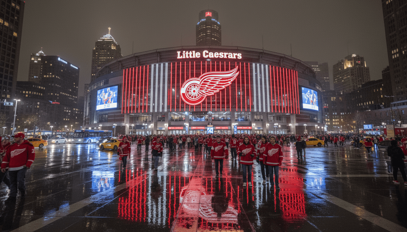 A vibrant crowd at Little Caesars Arena celebrating Detroit Red Wings news and team performance.