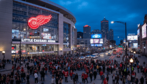 A professional photo of the Detroit Red Wings news coverage at Little Caesars Arena.