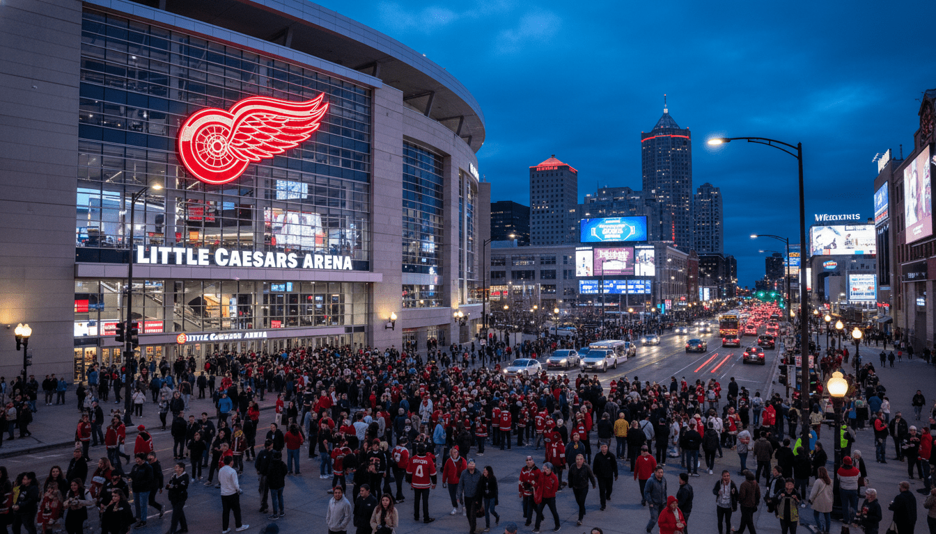 A professional photo of the Detroit Red Wings news coverage at Little Caesars Arena.
