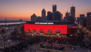 A view of the Detroit skyline and Little Caesars Arena during the period when the Detroit Red Wings are trending.