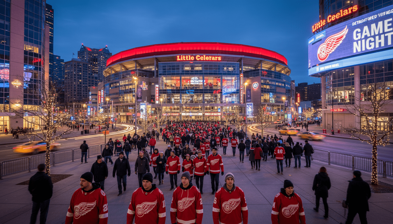 A large crowd gathers near Little Caesars Arena as Detroit Red Wings trending news captivates the city.