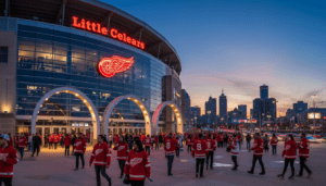 Fans gathering outside Little Caesars Arena with Detroit Red Wings trending signs and jerseys.