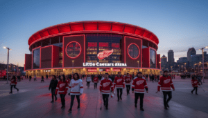 A crowd of fans showing high Detroit sports interest outside Little Caesars Arena.