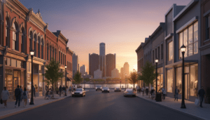 A bustling street showing various Detroit retail trends and new storefronts in a revitalized neighborhood.