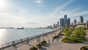 A scenic view of the Detroit riverfront highlighting new city development and pedestrian paths.