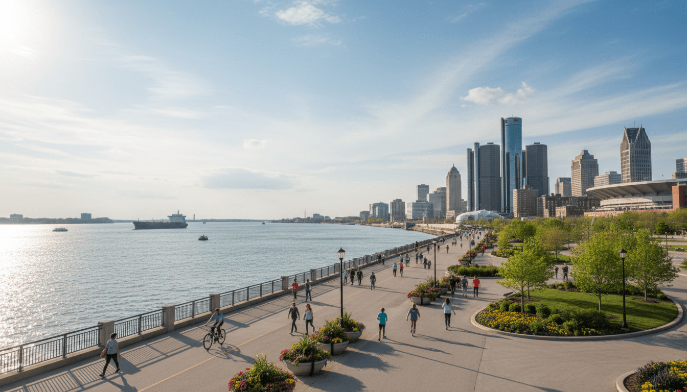 A scenic view of the Detroit riverfront highlighting new city development and pedestrian paths.