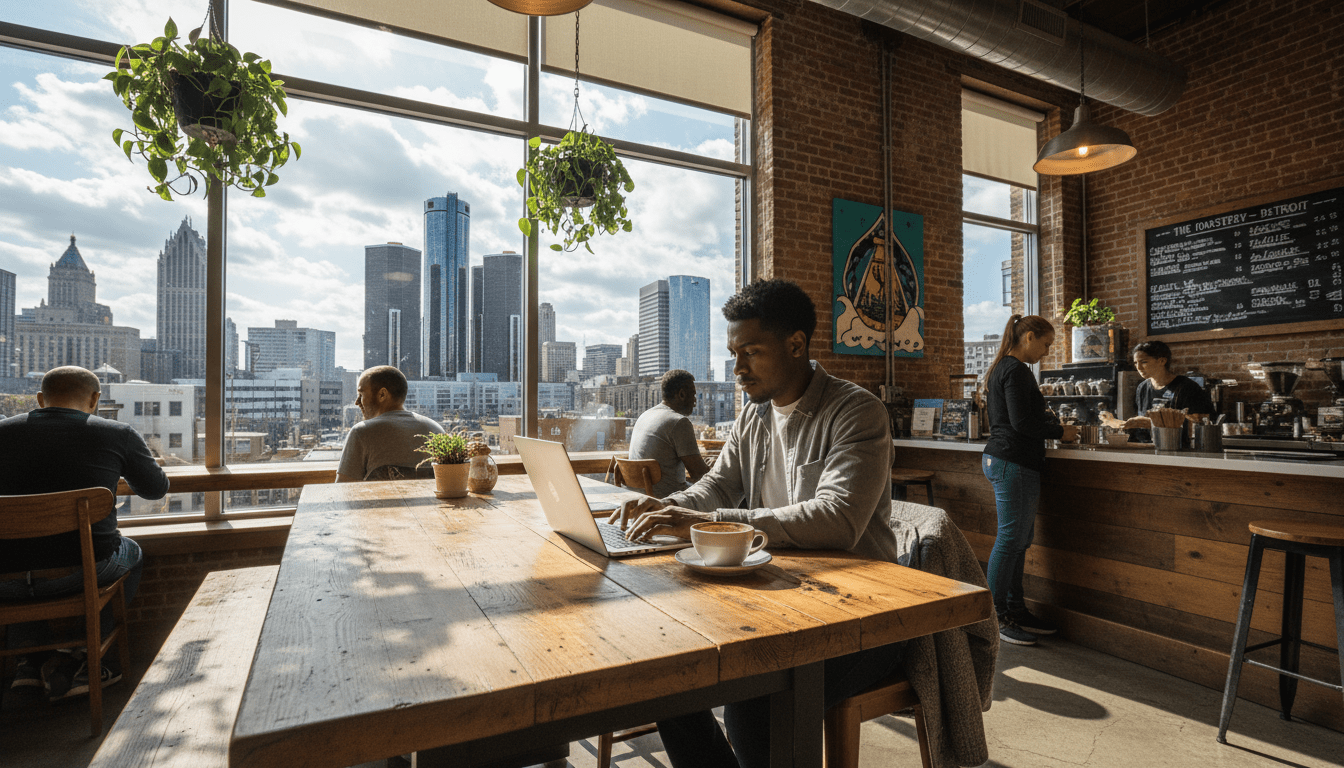 A Detroiter engaged in Detroit side hustles via a laptop in a city cafe.