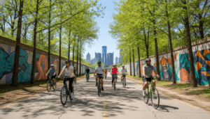 Cyclists enjoying Detroit cycling on a paved urban trail during a sunny spring day.