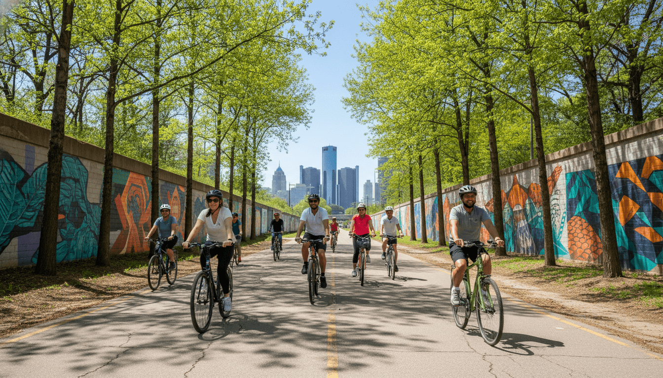 Cyclists enjoying Detroit cycling on a paved urban trail during a sunny spring day.