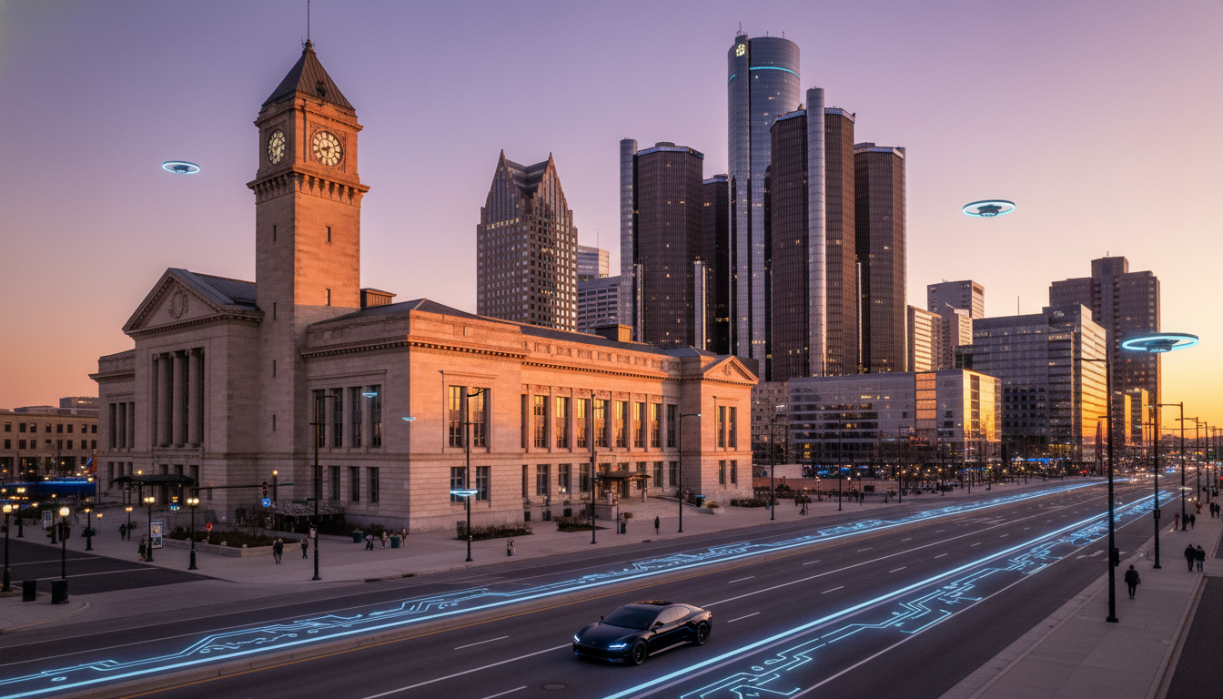 A modern view of the Detroit tech scene featuring the renovated Michigan Central Station.