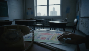 A teacher reviewing a concerning student drawing on a desk in a Detroit classroom