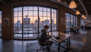 A resident working on Detroit side hustles in a local coworking space.