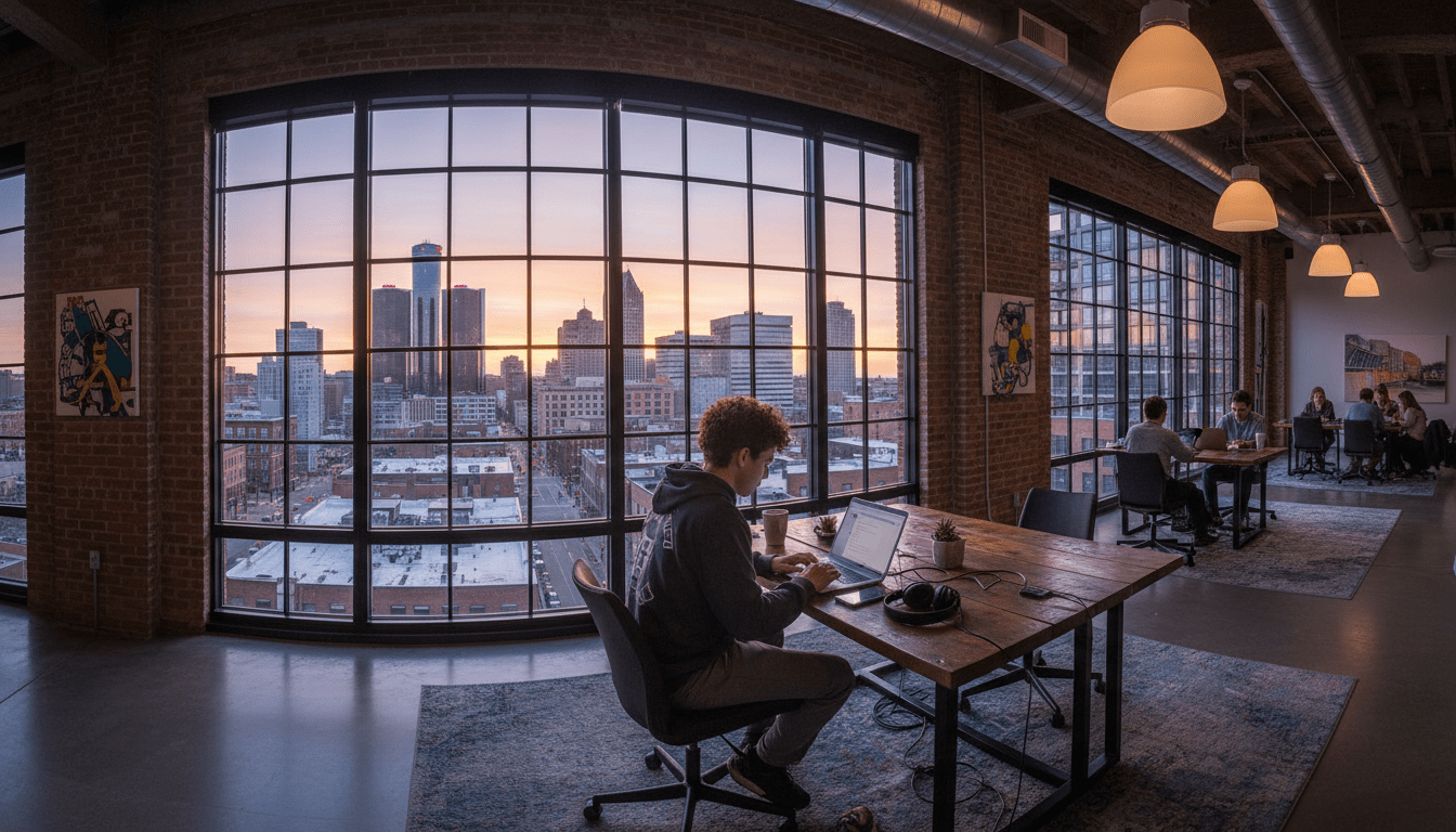 A resident working on Detroit side hustles in a local coworking space.