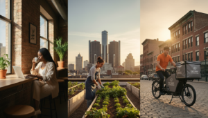 A diverse group of people engaging in various Detroit side hustles against the city skyline.