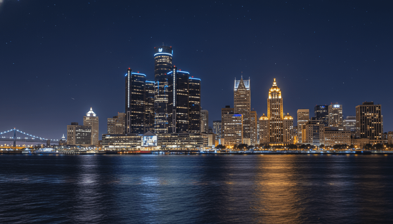 The illuminated Detroit skyline at night reflecting over the Detroit River.