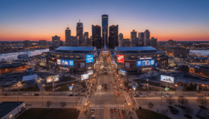 A view of the Detroit sports market featuring the downtown stadium district and fans.