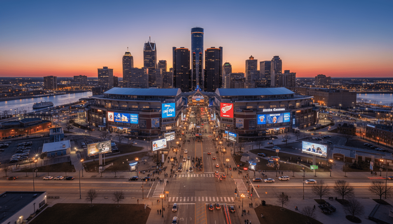 A view of the Detroit sports market featuring the downtown stadium district and fans.