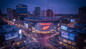 Detroit Red Wings trending search data reflected in the lights of Little Caesars Arena
