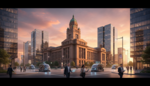 A view of the thriving Detroit tech scene at Michigan Central featuring modern transit and innovation hubs.