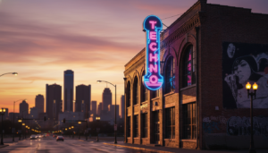 A photograph representing the Detroit techno economy with historic industrial architecture and music culture elements.