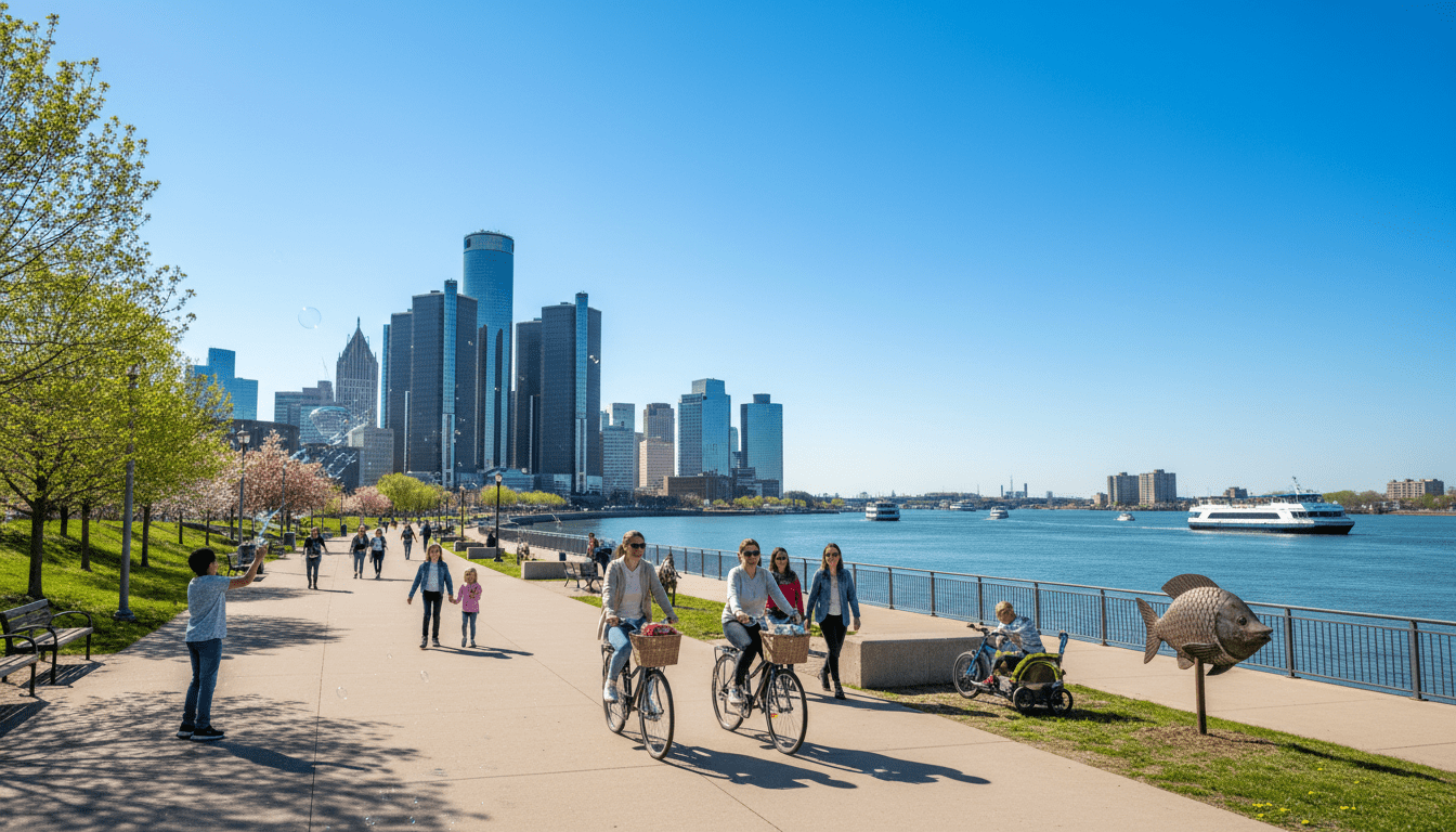 Families enjoying Detroit spring break activities along the sunny Detroit Riverwalk with the city skyline in the background.