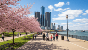 Families enjoying Detroit spring break activities along the sunny Detroit Riverfront.