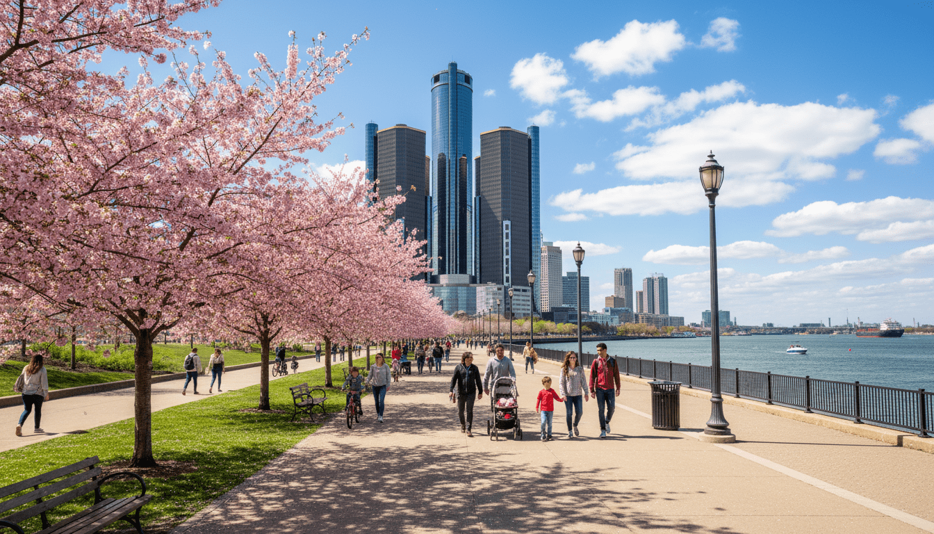 Families enjoying Detroit spring break activities along the sunny Detroit Riverfront.