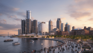 A modern view of the Detroit skyline showcasing new developments related to Detroit tourism trends 2026.