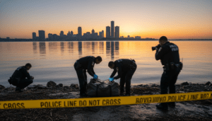 Police investigating a fisherman discovery of a heavy bag on the Detroit River shoreline