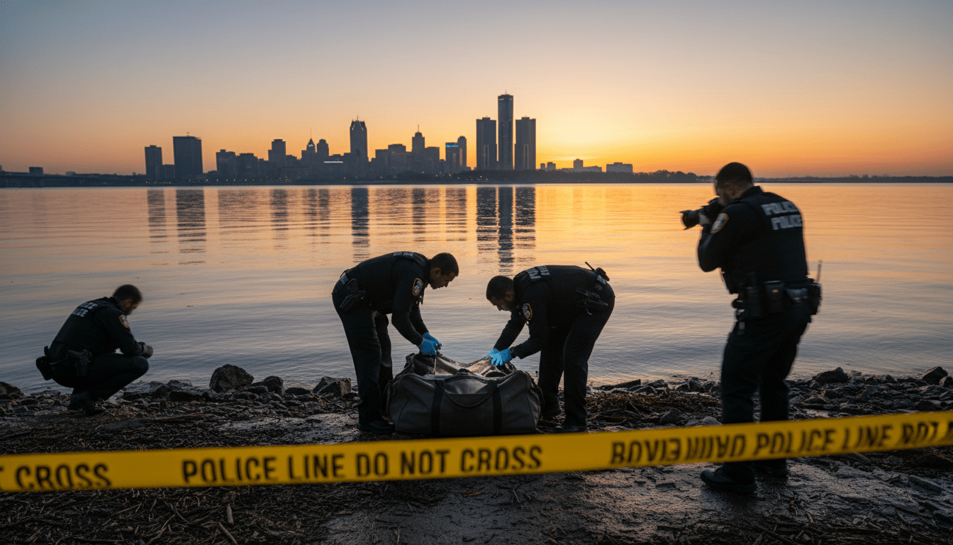 Police investigating a fisherman discovery of a heavy bag on the Detroit River shoreline