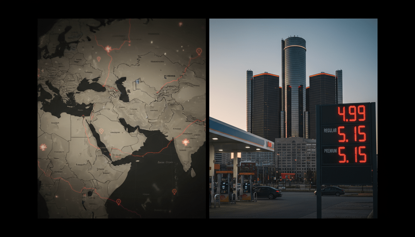 Detroit gas station sign with skyline background illustrating Middle East tensions Detroit impact