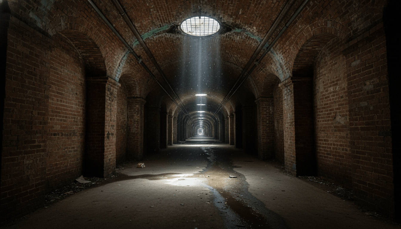 A historic Detroit tunnel featuring aged brickwork and urban exploration atmosphere.