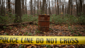 Authorities conducting a rusted barrel investigation in a Detroit forest area with police tape visible