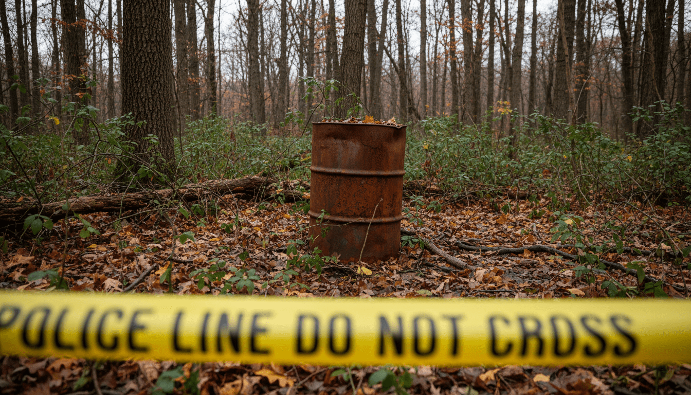 Authorities conducting a rusted barrel investigation in a Detroit forest area with police tape visible