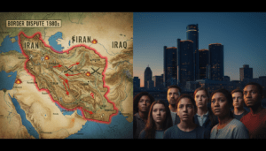 Map of Middle East showing Iran border tensions alongside Detroit skyline representing local impact